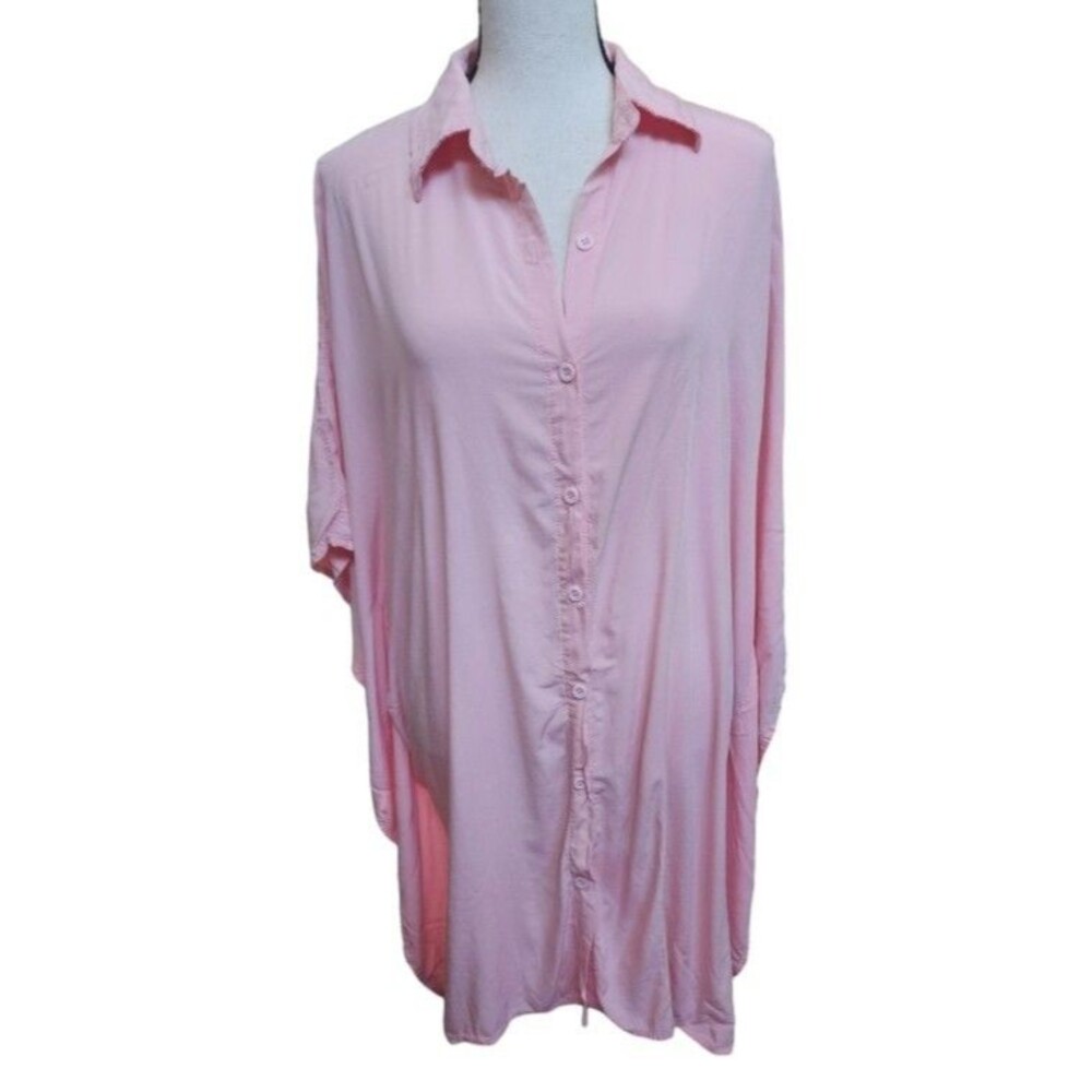 Ekouaer Pink Batwing Sleeve Oversized Blouse Button Front Size Large